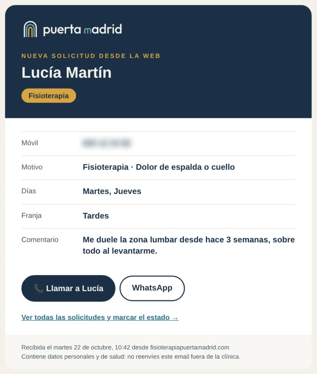 Email de ejemplo de una solicitud de cita, con datos ficticios