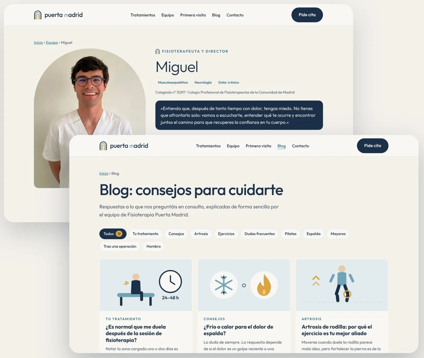 Ficha de un fisioterapeuta y página del blog de la web nueva